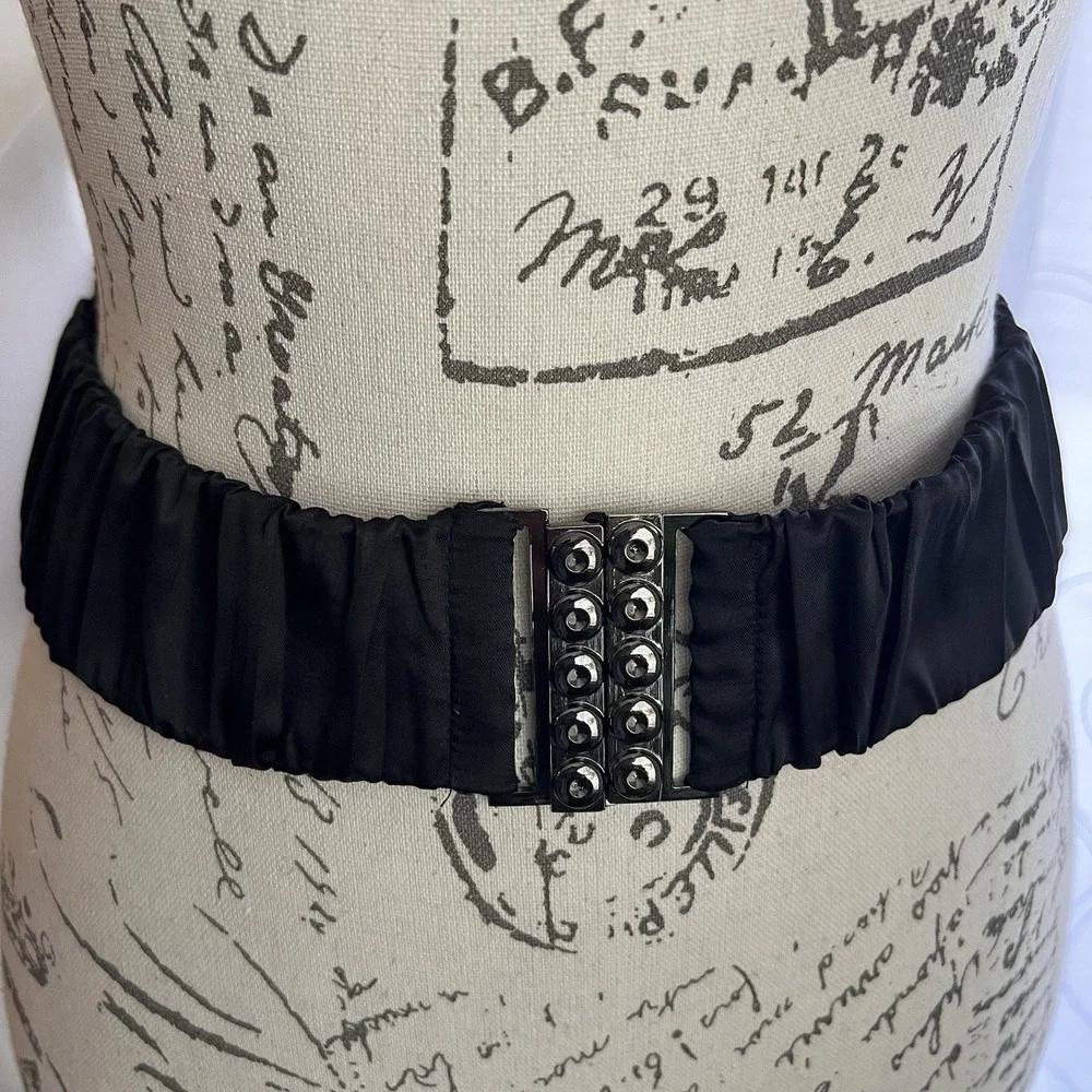 Black Ruched Elastic Waist Fashion Belt 28-40 Inches Interlocking Buckle